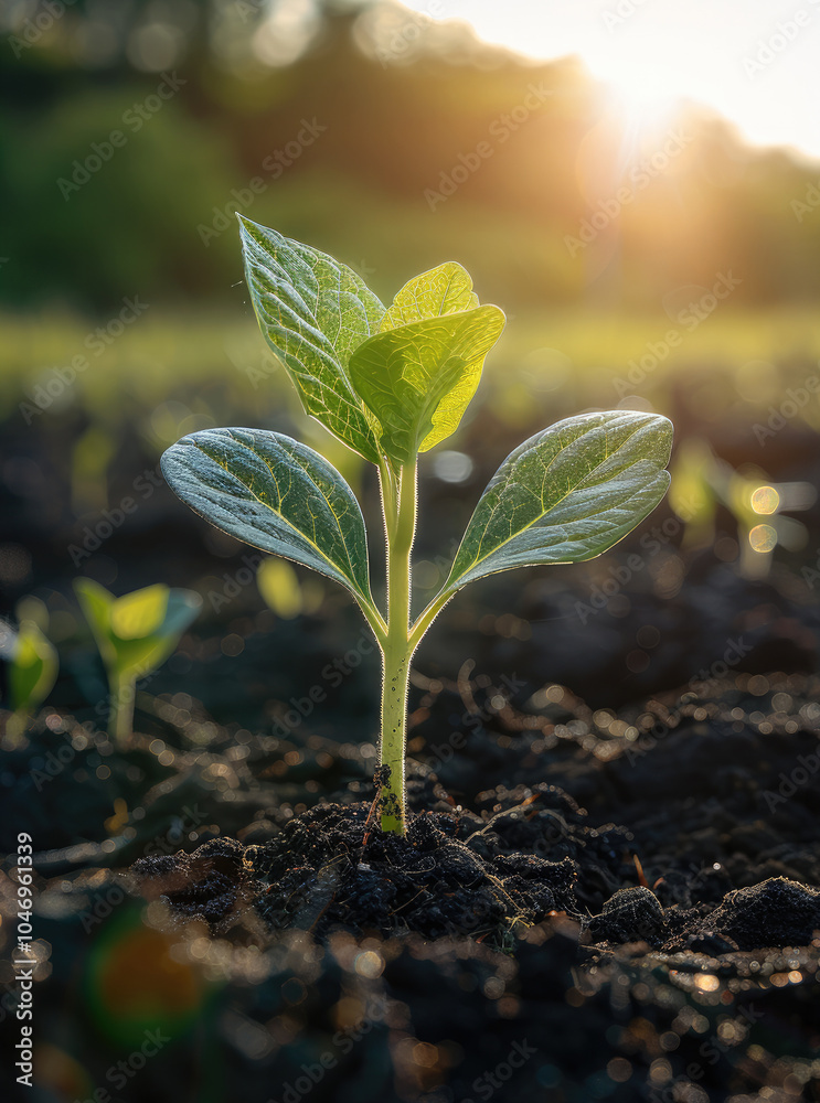 Poster Sunlit sprout emerging from the soil, surrounded by a wide open field, with soft morning light streaming through the background.