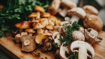 Fresh Variety of Mushrooms and Herbs on Wooden Board