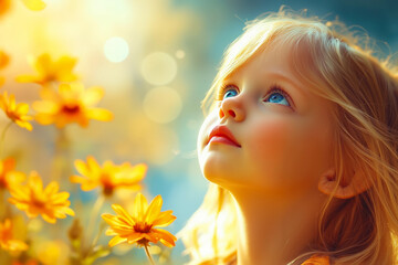 Fototapeta premium A little girl looking up at a field of yellow flowers