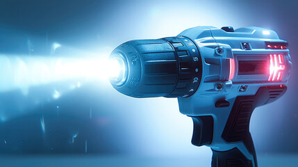 A compact cordless drill with an LED light attachment, resting on a white background, the light shining brightly while every detail of the drill.
