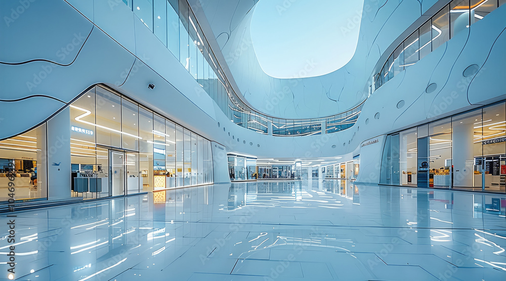 Poster a luxury store in a spacious square with modern architecture, white wall display windows. exterior.
