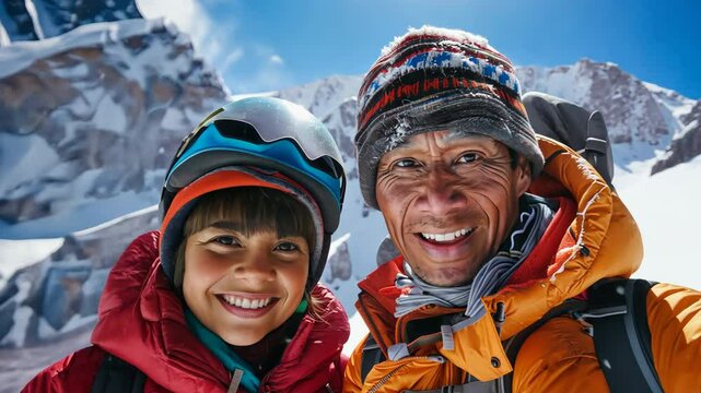 Sherpa father and son at base camp with mountain peak in background. Service staff to help tourists climb to the top. Products for climbers.