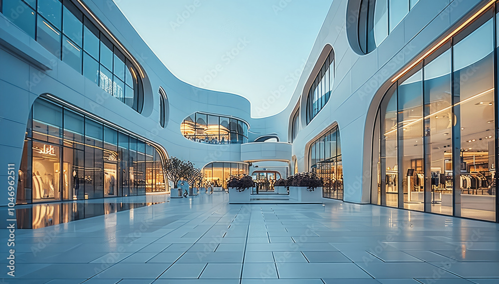 Poster a luxury store in a spacious square with modern architecture, white wall display windows. exterior.