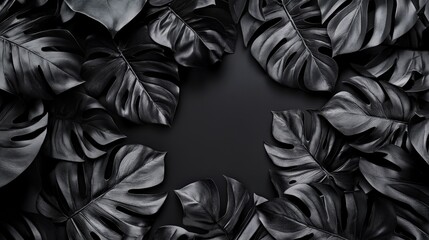 Black Monstera Leaves Background. Dark Botanical Wallpaper with Copy Space