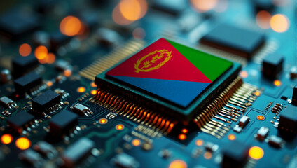 A Eritrea themed chip is embedded on a circuit board with illuminated pathways, highlighting innovation in electronics and cutting-edge hardware.