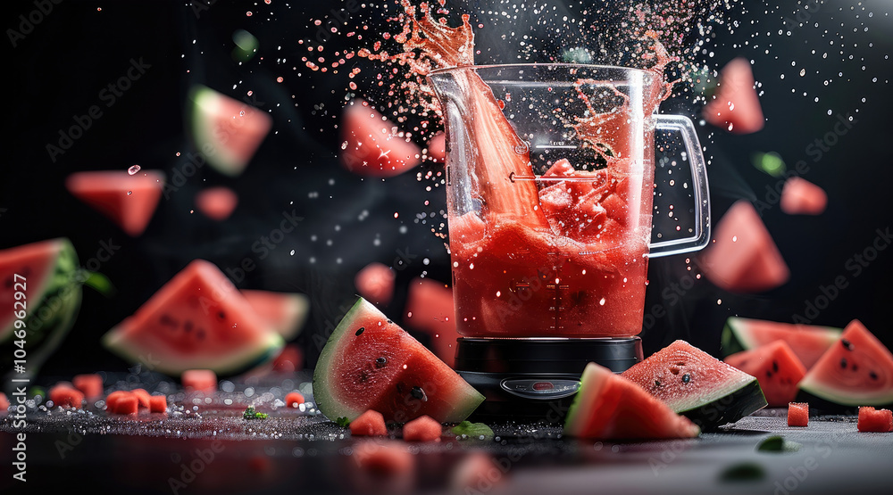 Aufkleber a slice of watermelon fruit rests on the ground with splashes of watermelon juice coming out of a fr