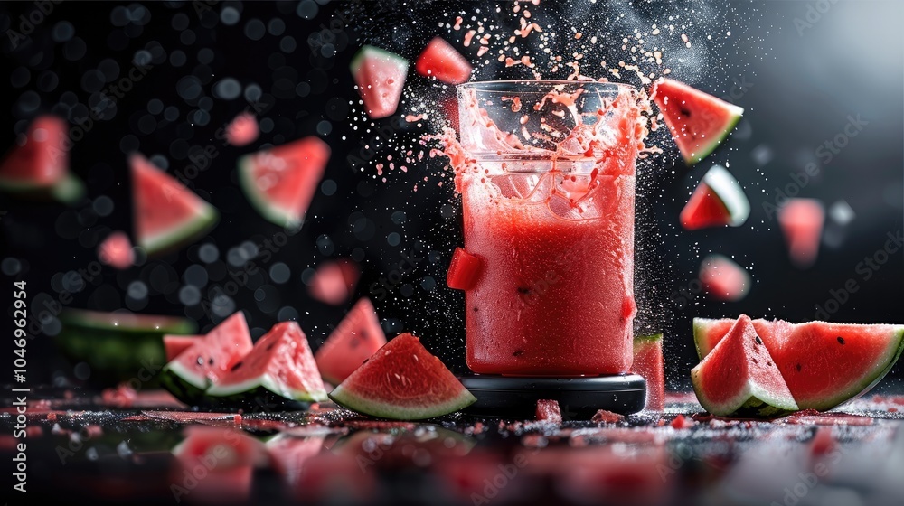 Aufkleber a slice of watermelon fruit rests on the ground with splashes of watermelon juice coming out of a fr