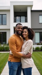 African American couple joyfully embraces outside their new contemporary residence