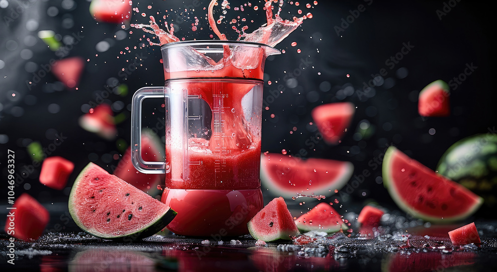 Poster A slice of watermelon fruit rests on the ground with splashes of watermelon juice coming out of a fruit blender.