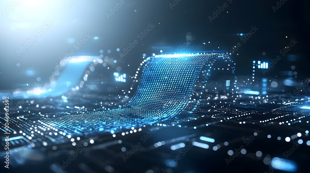 Fototapete Mesmerizing abstract digital blue waves with glowing particles flowing and swirling across a dark background symbolizing the power energy and innovation of advanced technology in the digital age