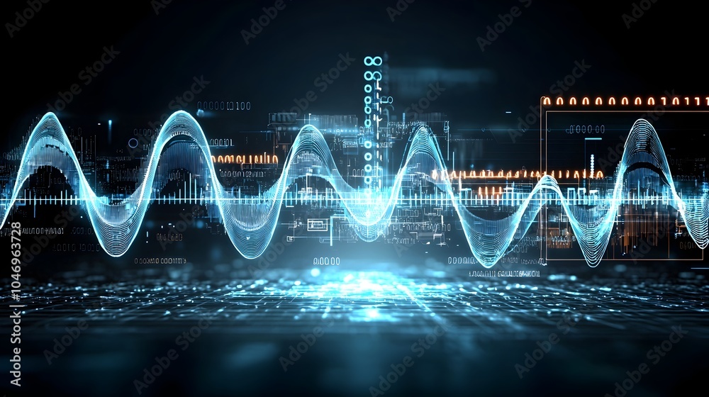 Fototapete abstract digital background featuring flowing blue waves with glowing particles moving across a dark