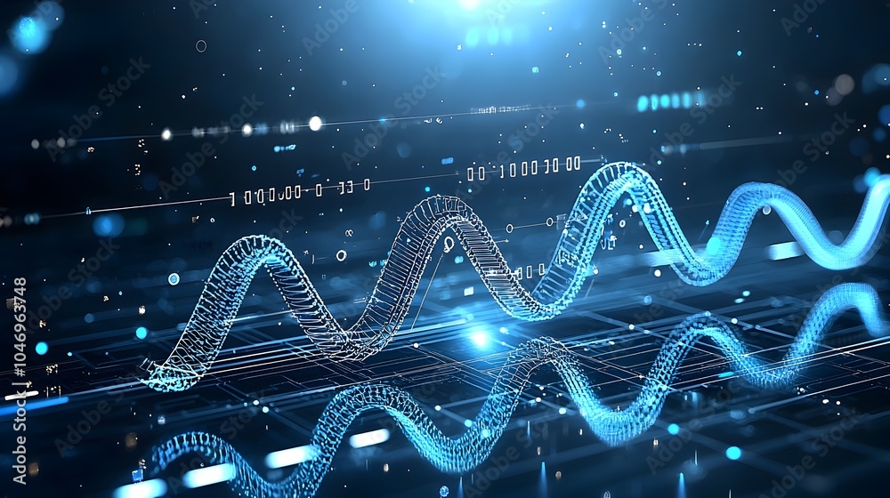 Poster Mesmerizing digital waves and glowing particles effortlessly transitioning from a dark background to a bright luminous state symbolizing the seamless and flow of modern technology data