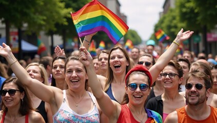 Fototapeta premium Crowd waves rainbow flags during Gay Pride Parade
