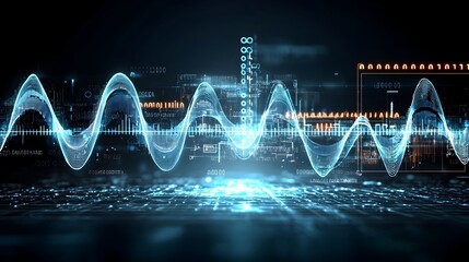 Abstract digital background featuring flowing blue waves with glowing particles moving across a dark backdrop symbolizing advanced technology innovation and dynamic energy