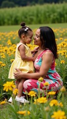 An emotional portrait featuring an African-American mother hugging her daughter amidst a beautiful flower field