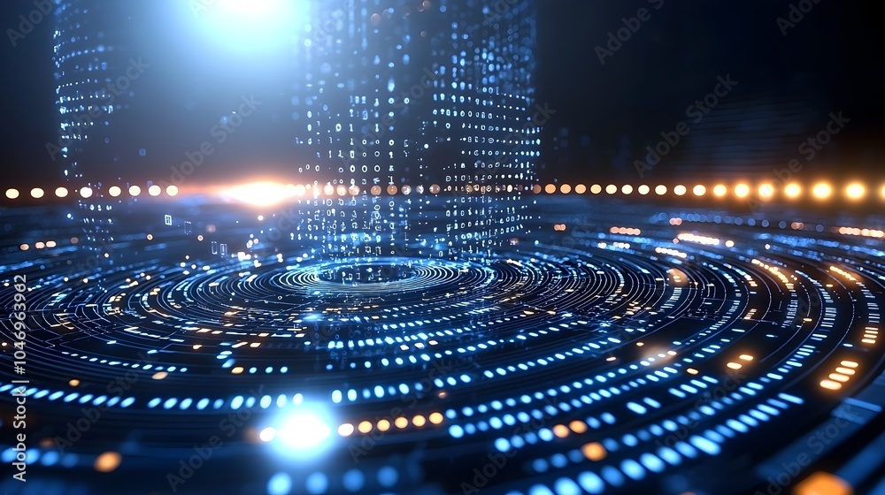 Poster Glowing digital particles riding dynamic blue waves on a dark background symbolizing the flow of futuristic technology and data  The image has a sleek modern