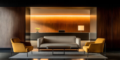 Modern lounge area featuring stylish furniture and warm lighting in an upscale hotel lobby