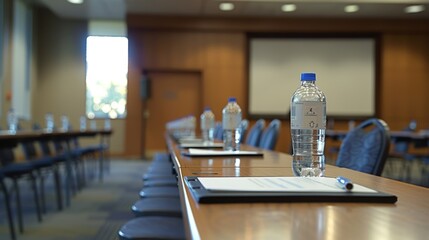 Neat conference room ready for a business meeting with water bottles and notepads on a long table. Chairs lined up. Quiet and empty. Marketing. And technology