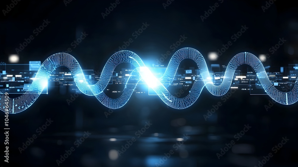 Poster mesmerizing abstract digital waves of flowing glowing blue on dark background with accents of white 