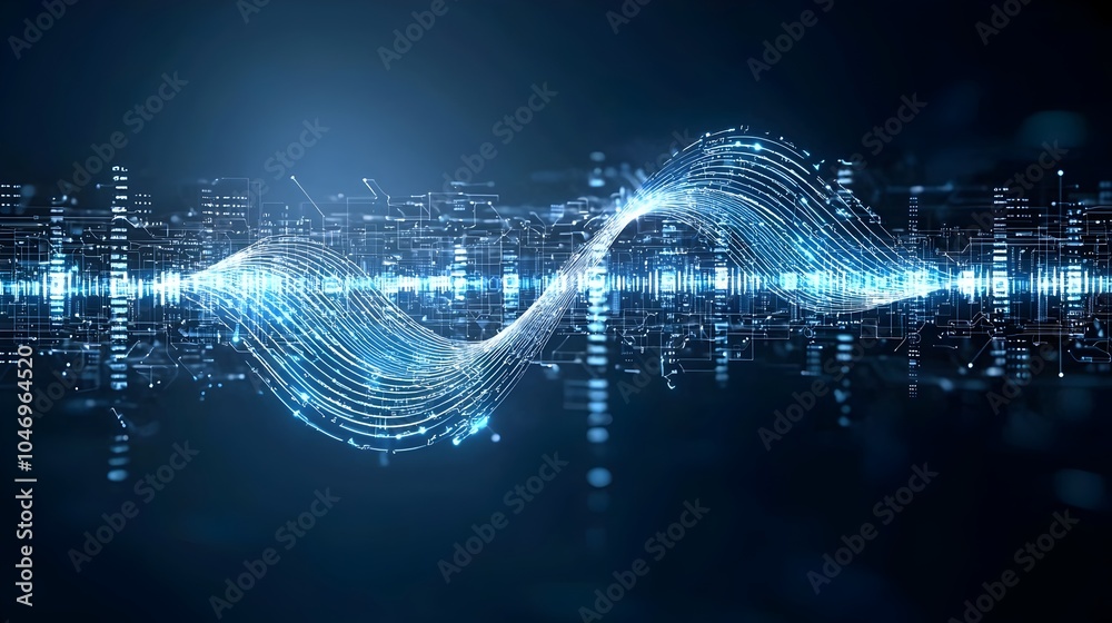 Fototapete captivating abstract digital waves in glowing blue flowing seamlessly on a dark background with stri