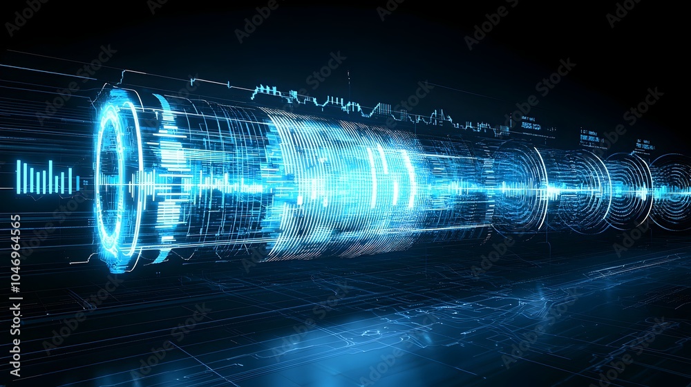 Poster Mesmerizing abstract digital waves in glowing blue flowing dynamically across a dark background with striking white accents representing advanced technology and seamless connectivity