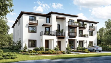 3D rendering of a modern, minimalist-style two-story house with a white color scheme and a car in the front view