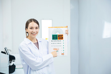 Female doctor specialist optometrist eye diagnosing, examining, treating patients sight optical vision range, professional healthcare optic, using optical tools and equipment.