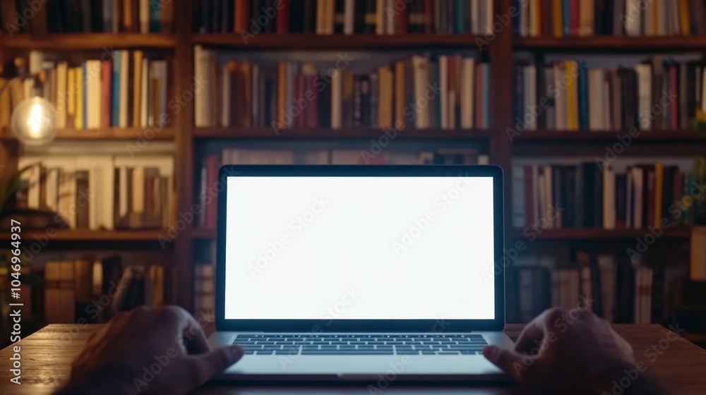 Poster A person is using a laptop in front of a bookshelf