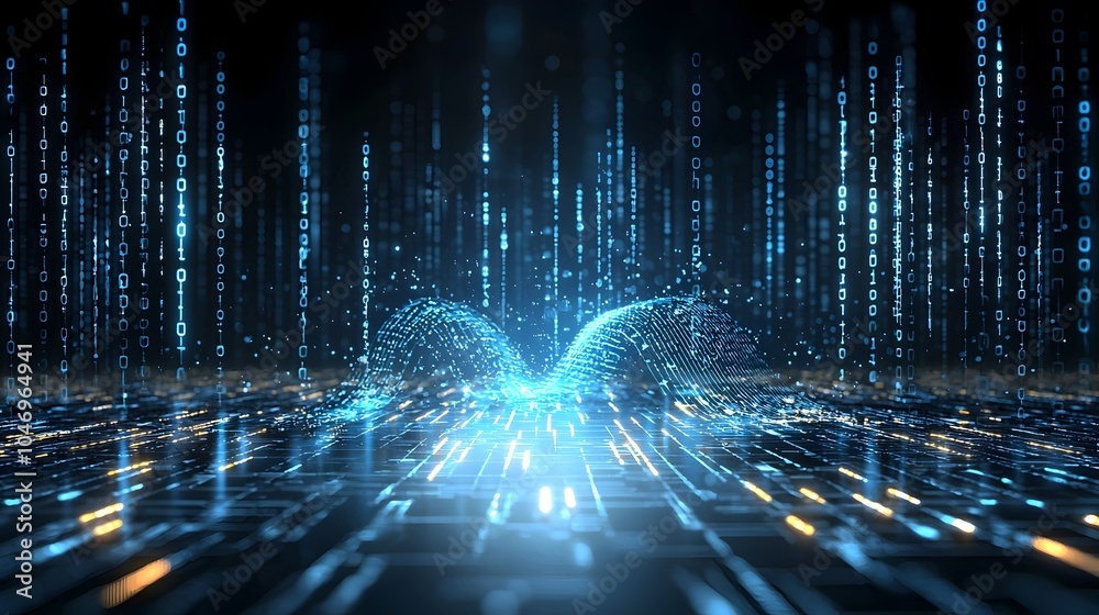 Poster mesmerizing digital artwork featuring dynamic blue waves with glowing particles seamlessly transitio
