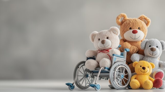 A cheerful group of plush toys, including a bear in a wheelchair, gathered together on a soft surface in a cozy setting