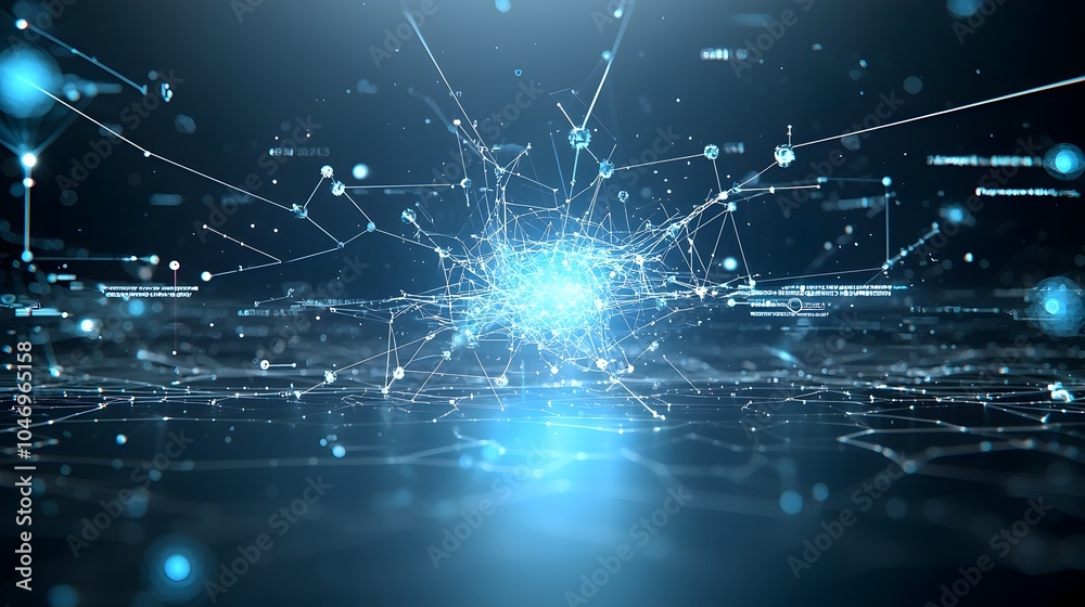 Poster Flowing glowing particles across a dark background creating a visual representation of connectivity and advanced generative AI
