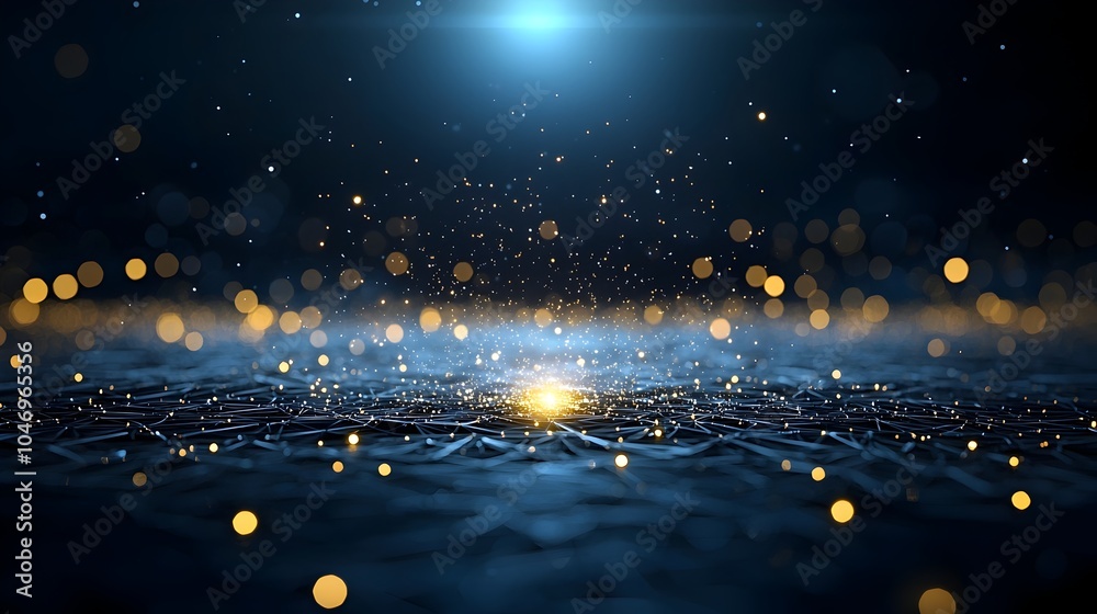 Fototapete Glowing and dynamic particles forming intricate generative patterns over a dark background representing the concept of connectivity and technology powered by advanced and digital art techniques