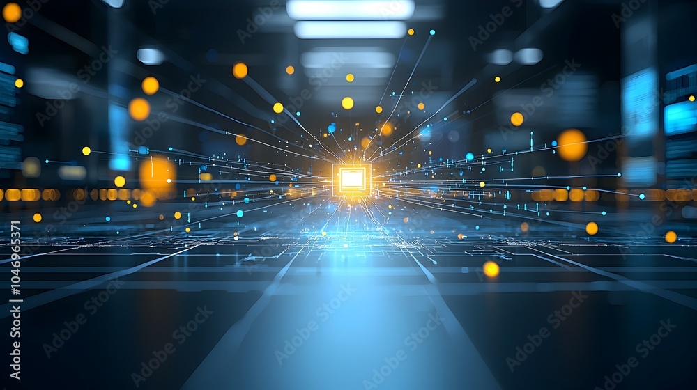 Fototapete Elegant and mesmerizing abstract composition featuring smoothly flowing glowing particles across a dark background