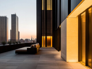 Fototapeta premium Modern urban balcony with cozy seating and skyline view during twilight in a city