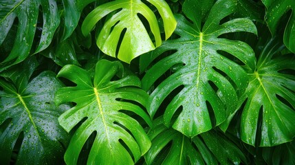 Obraz premium A close-up of rainfall on dense green leaves in a tropical forest, with droplets shimmering on the surface, offering space for text or design