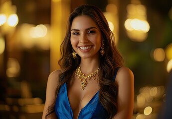 beautiful young woman with long wavy hair and big brown eyes wearing an elegant blue dress smiling at the camera in the middle of a luxurious casino