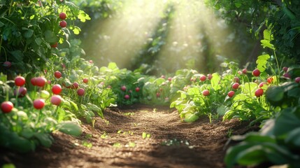 A pathway through a lush garden with rows of red radishes bathed in warm sunlight.