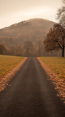 Fototapeta premium A tranquil road leading through autumn foliage towards a misty mountain at sunset