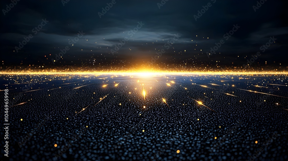 Poster Glowing particles flowing smoothly through dark space representing the advanced connectivity and generative capabilities of intelligence creating a futuristic and conceptual effect