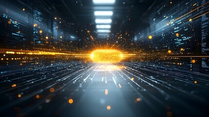 Glowing particles smoothly flowing through a dark futuristic space representing advanced connectivity and generative technology  The dynamic swirling motion creates a captivating