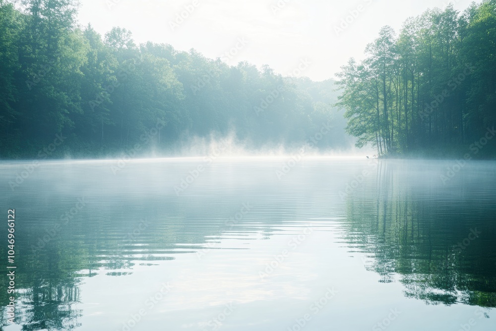 Poster morning mist rises from the tranquil lake, creating a serene atmosphere amidst lush trees, inviting 