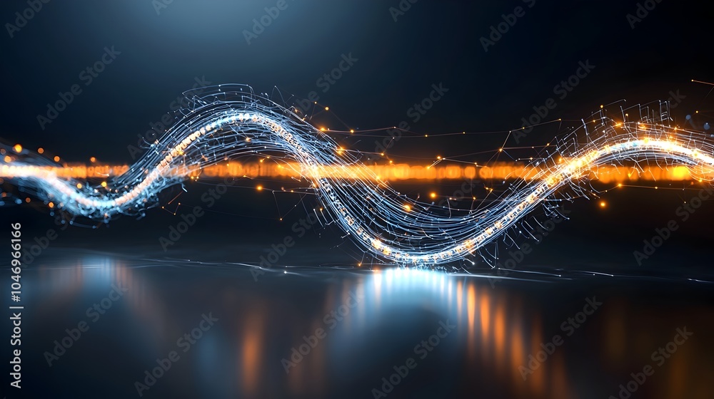Poster Glowing fluid waves of luminous particles flowing across a dark captivating background