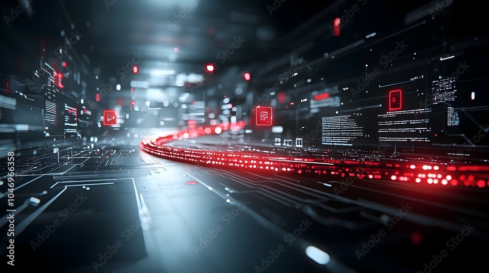 Poster Generative Concept with Glowing Digital Particles Flowing Across Dark Futuristic Background Illustrating Connectivity and Data Flow of Cutting Edge Technology