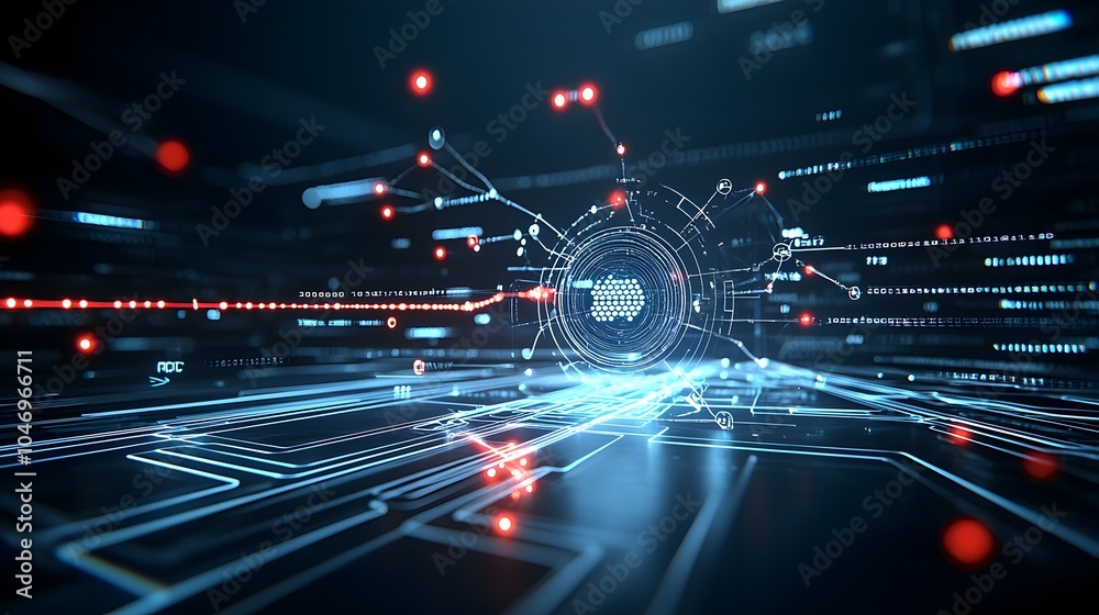Poster Glowing abstract particles flowing and moving in fluid motion over a sleek dark background representing the and interplay of connectivity and advanced generative systems