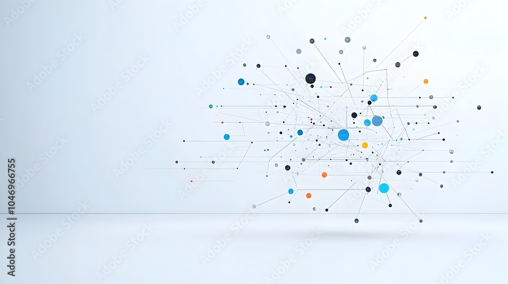 Poster Glowing dynamic particles moving in a seamless mesmerizing flow across a minimalist futuristic white background
