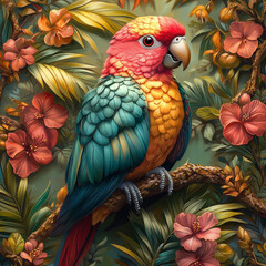 Fototapeta premium A colorful parrot perched on a tropical branch, with vibrant feathers in shades of red, blue, and green, and intricate details in the beak and wings generative AI (Home Decor)