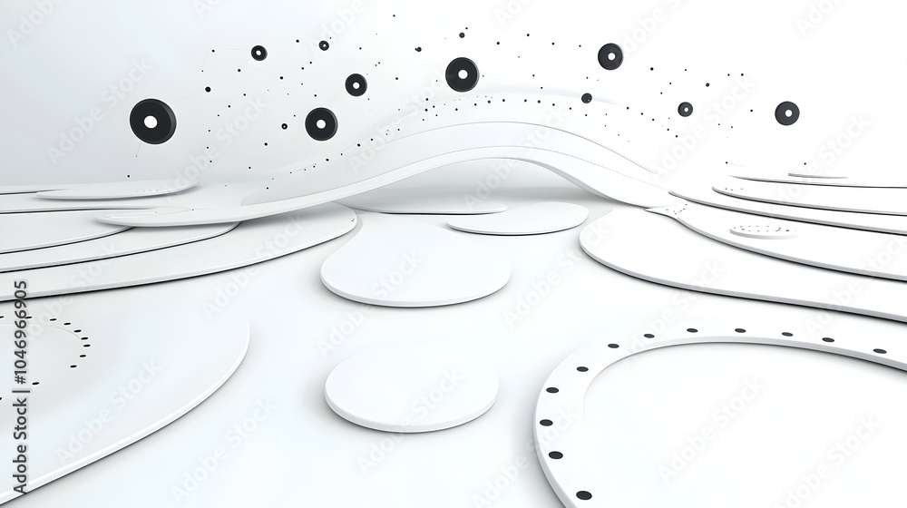 Poster Mesmerizing abstract image of glowing digital particles gracefully flowing over a sleek minimalist white futuristic background symbolizing the connectivity and generative power of intelligence