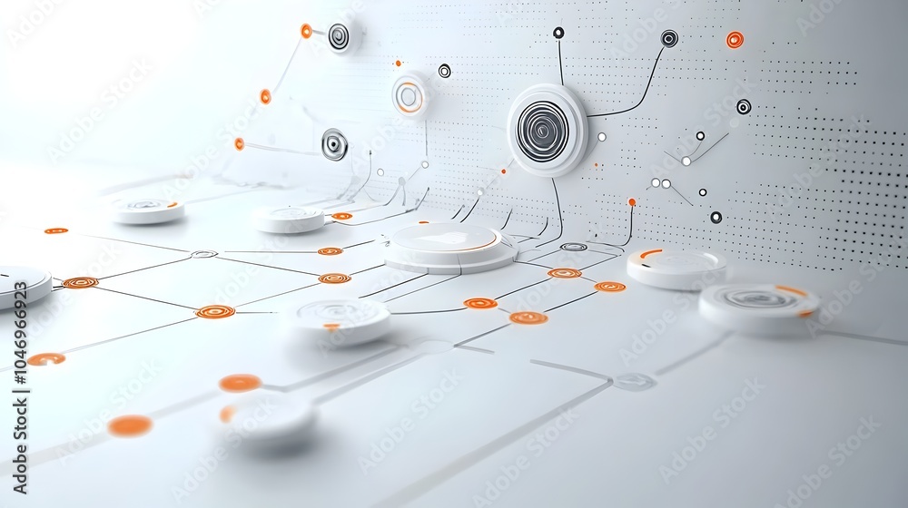 Poster Glowing digital particles flowing dynamically across a smooth white futuristic surface symbolizing the power of advanced generative and digital connectivity  This abstract