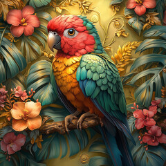 Obraz premium A colorful parrot perched on a tropical branch, with vibrant feathers in shades of red, blue, and green, and intricate details in the beak and wings generative AI (Art and Wall Decor)