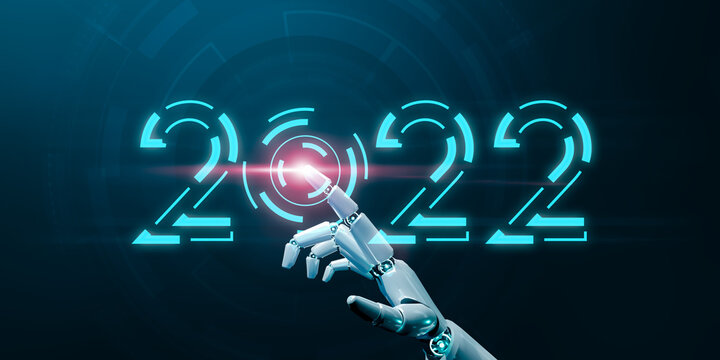 2022 new year Ai robotic artificial intelligence technology digital cyber space growth business innovation development future tech, 3D graphic text banner illustration technology blue background